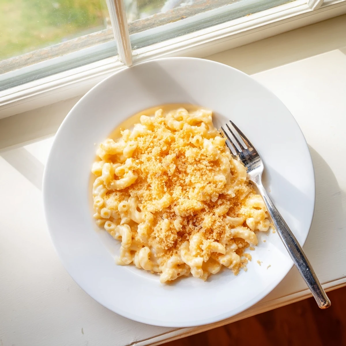 Steaming homemade macaroni and cheese fresh from the oven, featuring a golden, crunchy panko and parmesan topping over creamy shells.