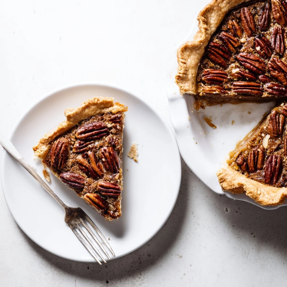 Freshly baked Southern pecan pie with a golden-brown, flaky crust and gooey caramel filling topped with toasted pecans.