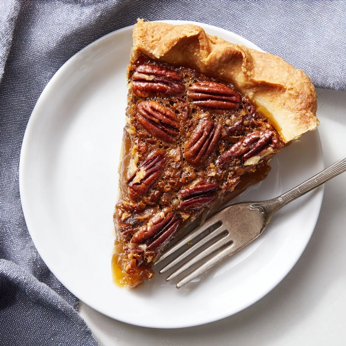 Decadent pecan pie slice served on a white plate, drizzled with caramel and a dollop of whipped cream.