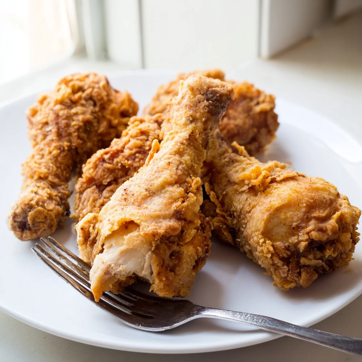Four pieces of golden Fried Chicken served on a rustic plate with creamy coleslaw. 