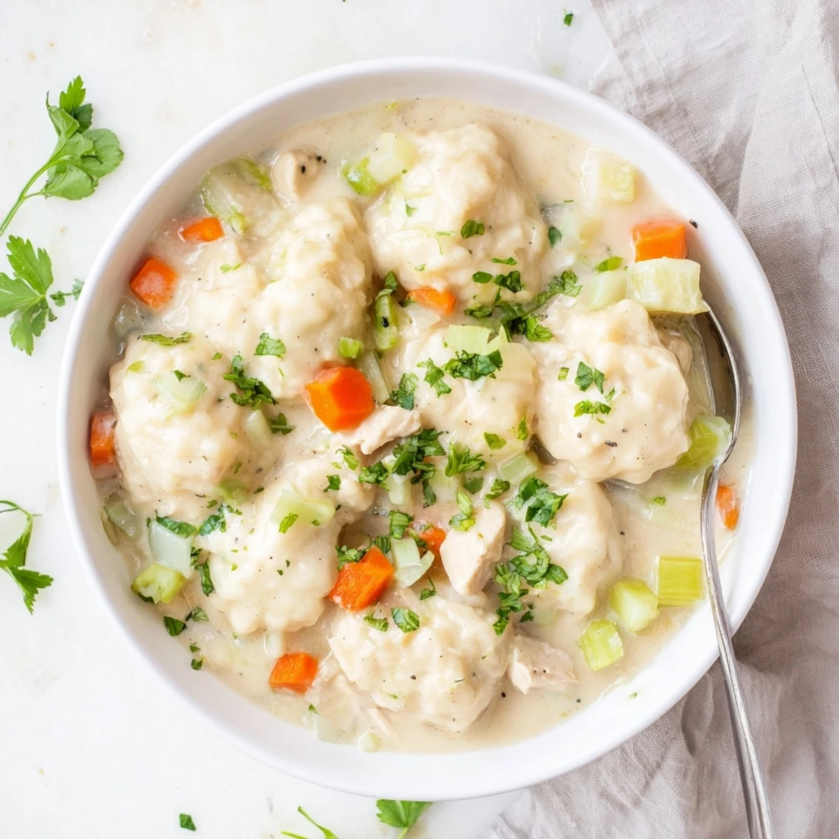 Creamy Chicken and Dumplings stew with fluffy dough dropped atop tender chicken and vibrant peas.