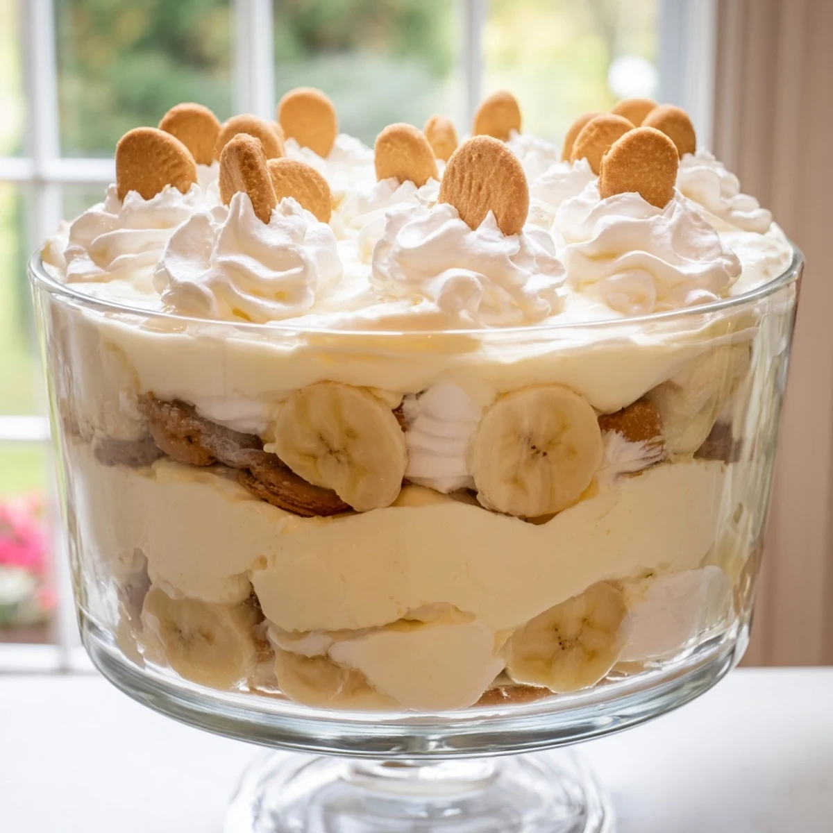 A trifle bowl filled with homemade Banana Pudding, crowned with a generous dollop of sweet whipped cream.