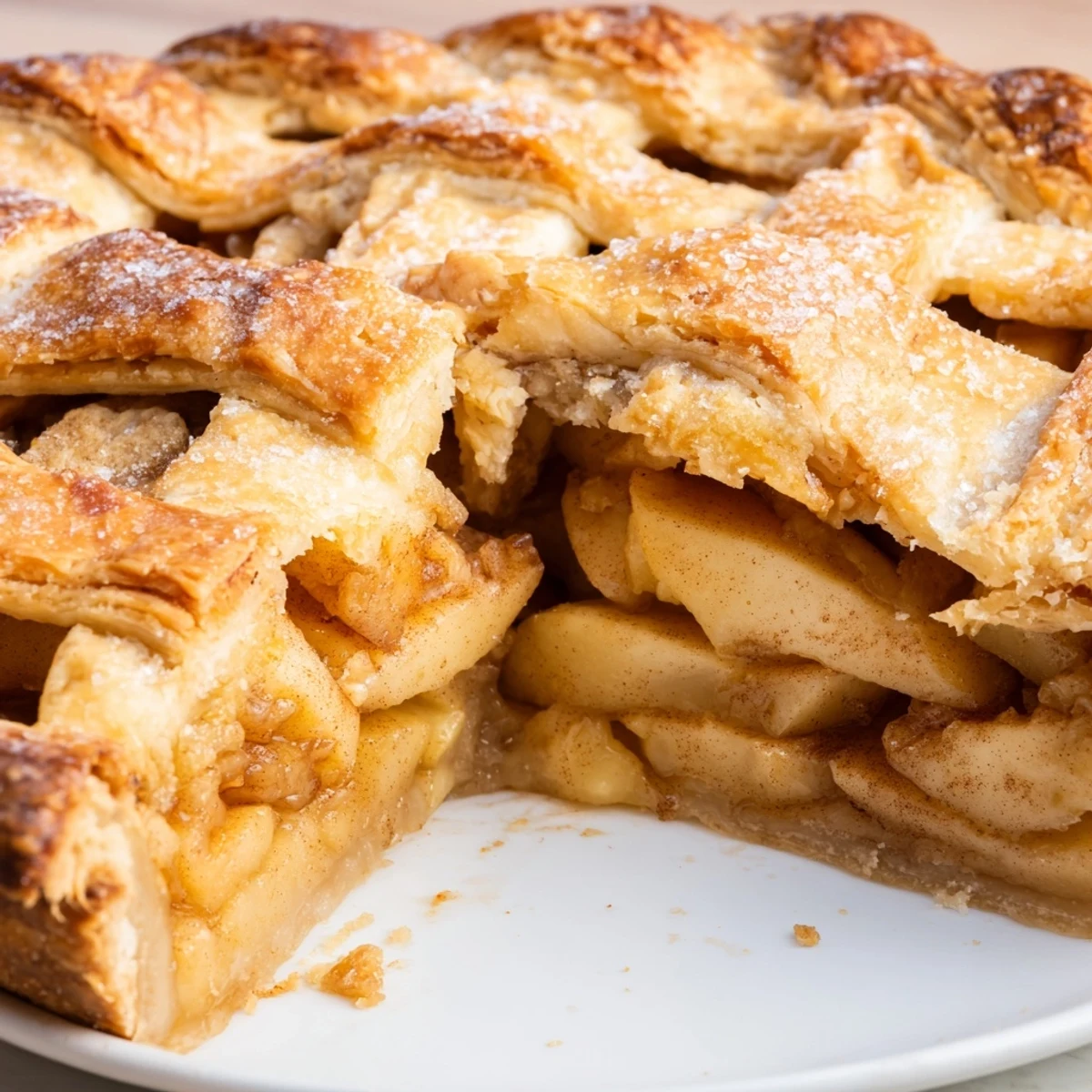 Freshly baked Apple Pie with a golden, flaky double crust is served warm with melting vanilla ice cream.