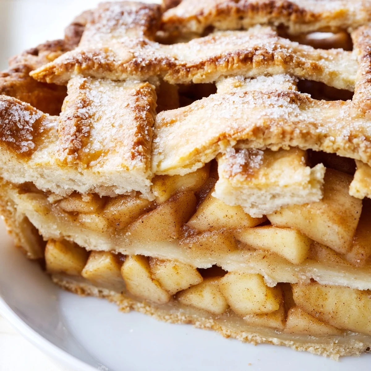 Apple Pie on a rustic table shows bubbling spiced apple filling peeking through a lattice crust.