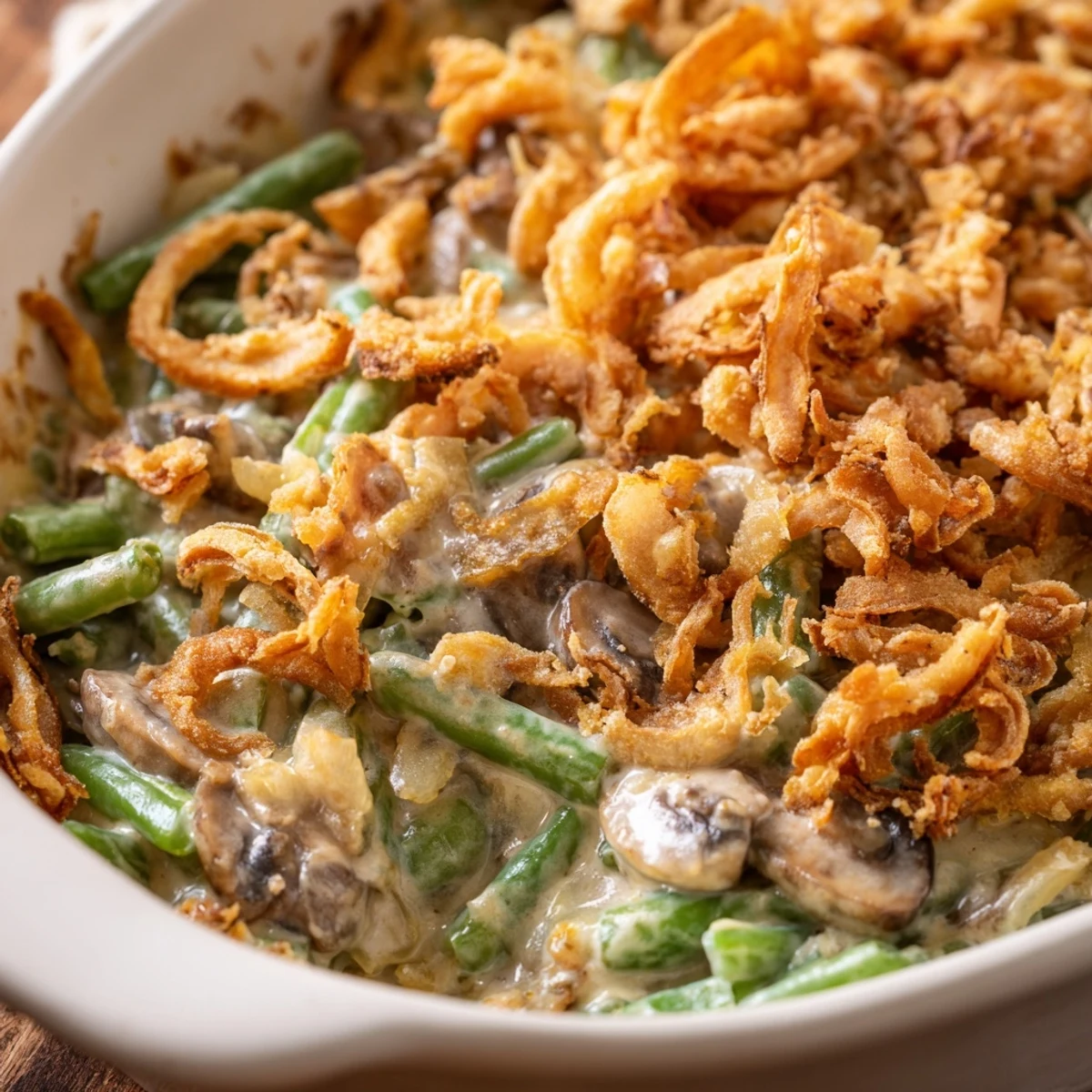 Green Bean Casserole with tender green beans in creamy mushroom sauce, topped with golden crispy onions in a white baking dish.