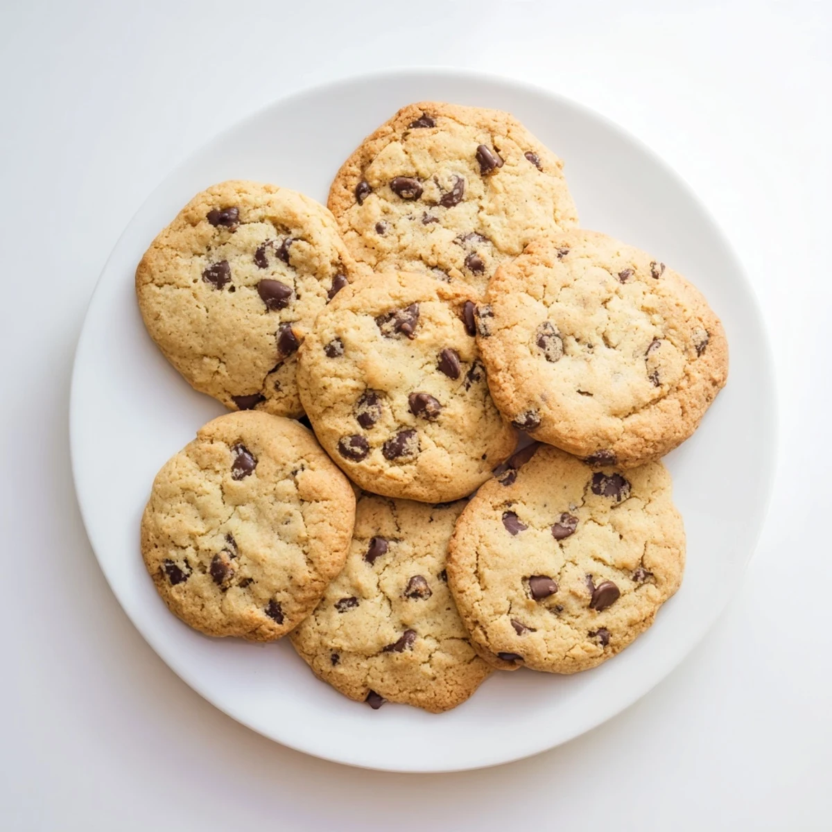 Four warm Chocolate Chip Cookies stacked on a white plate, with a glass of milk for dipping.