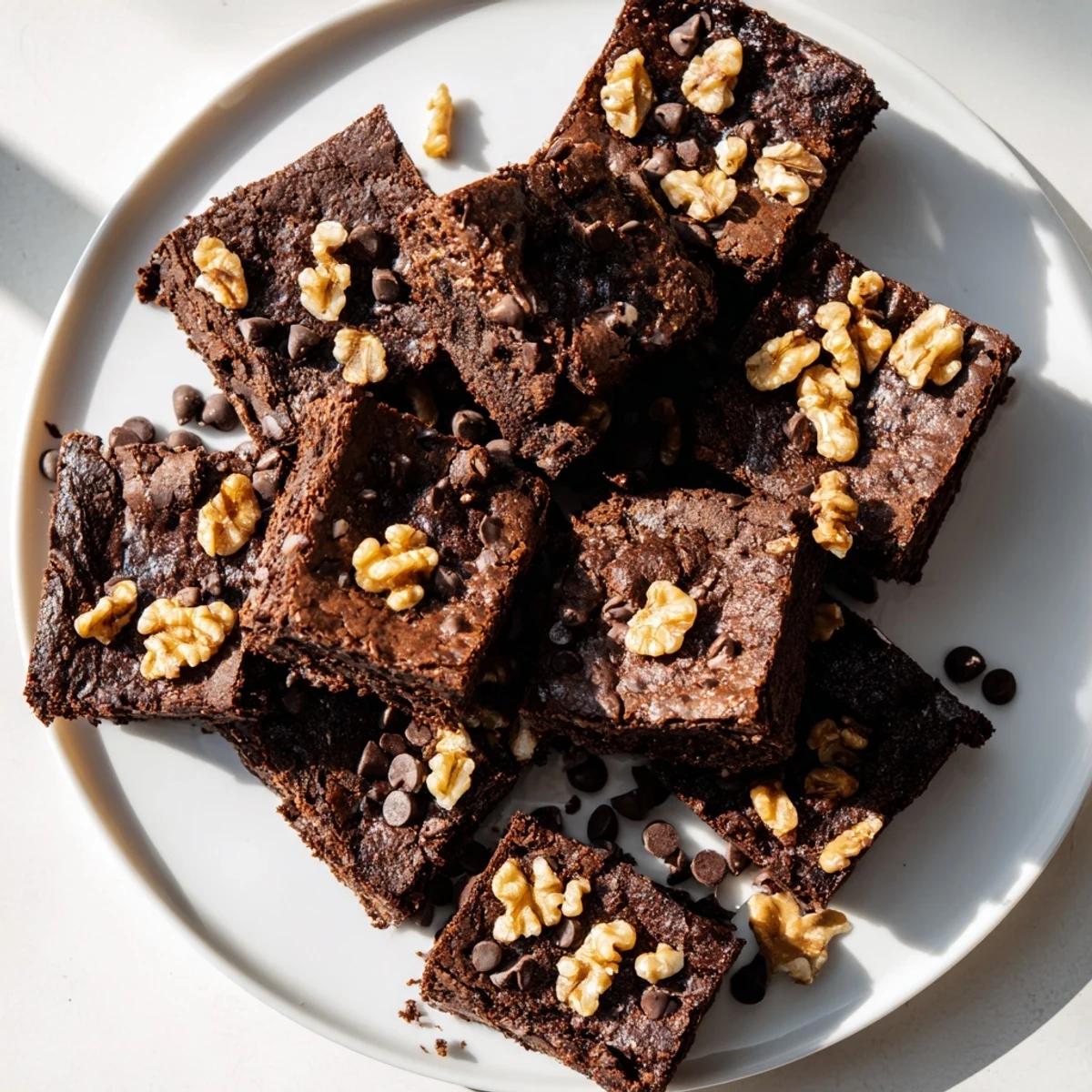 Warm brownies are plated with a scoop of vanilla ice cream melting on top.