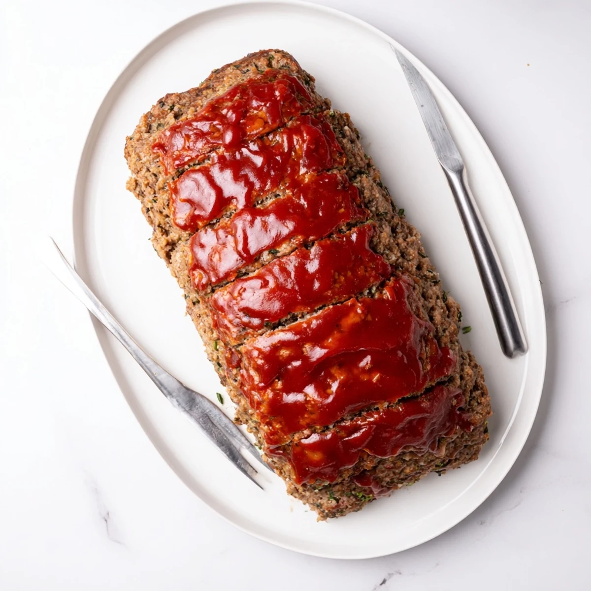 A close-up of a freshly baked classic meatloaf, topped with a glossy ketchup glaze and fresh parsley, resting on a wooden cutting board.