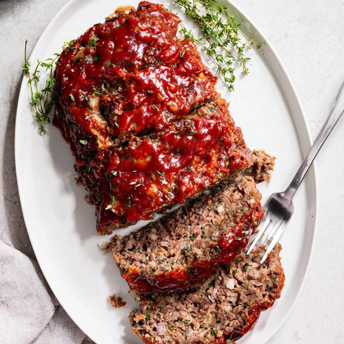 This juicy homemade meatloaf is sliced to reveal tender beef and onion inside, served beside creamy mashed potatoes and green beans.