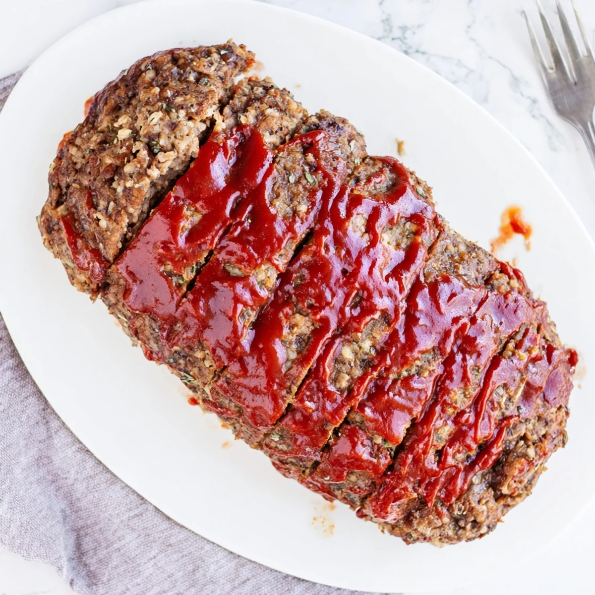 Golden brown classic meatloaf with a caramelized glaze, ready to be served for a comforting family dinner with a side of gravy.
