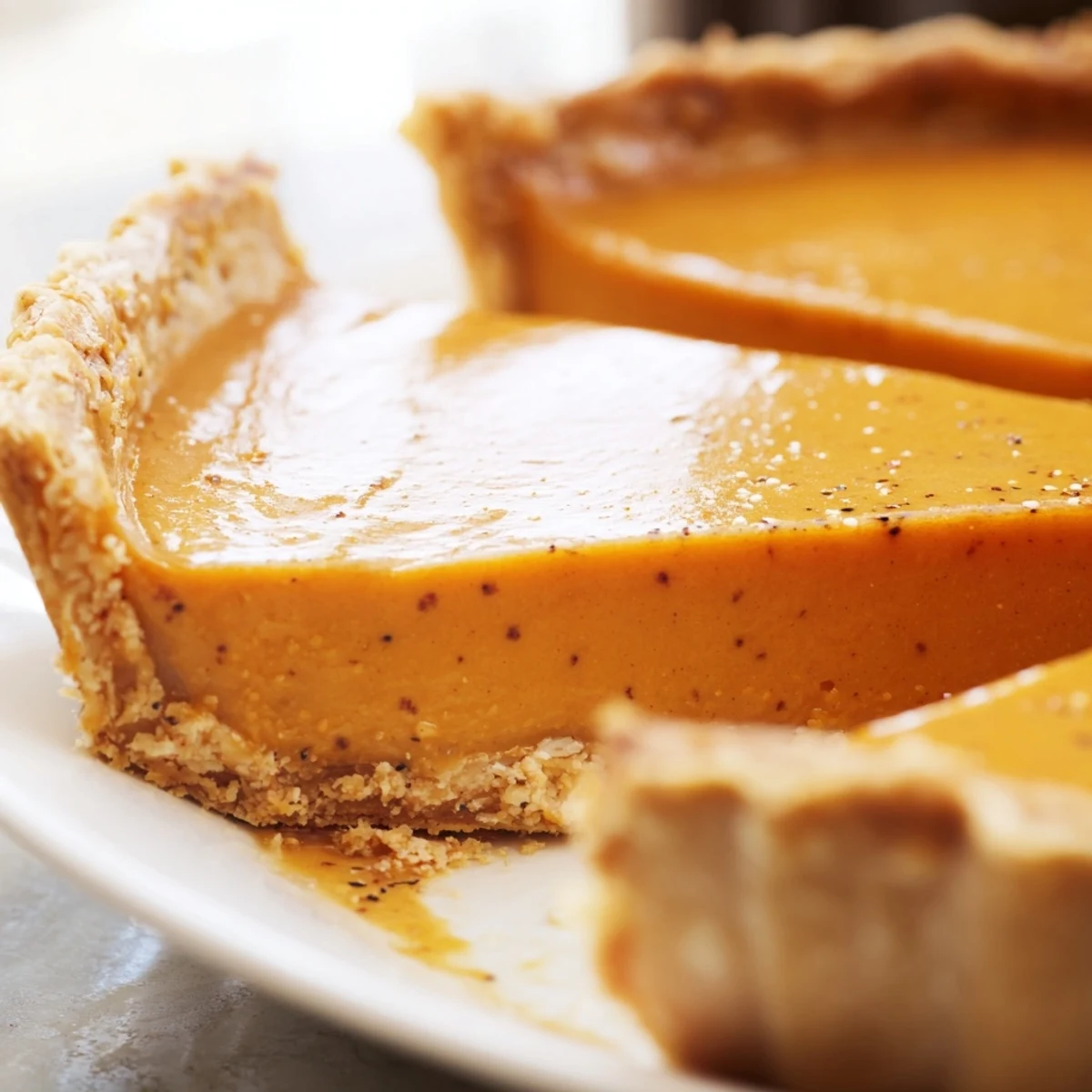 Golden-baked Pumpkin Pie with a flaky, browned crust and smooth, spiced filling, served on a rustic wooden table.