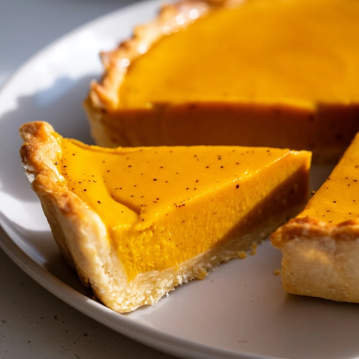 Freshly sliced Pumpkin Pie shows silky custard, crimped edges, and a dollop of whipped cream on a festive plate.