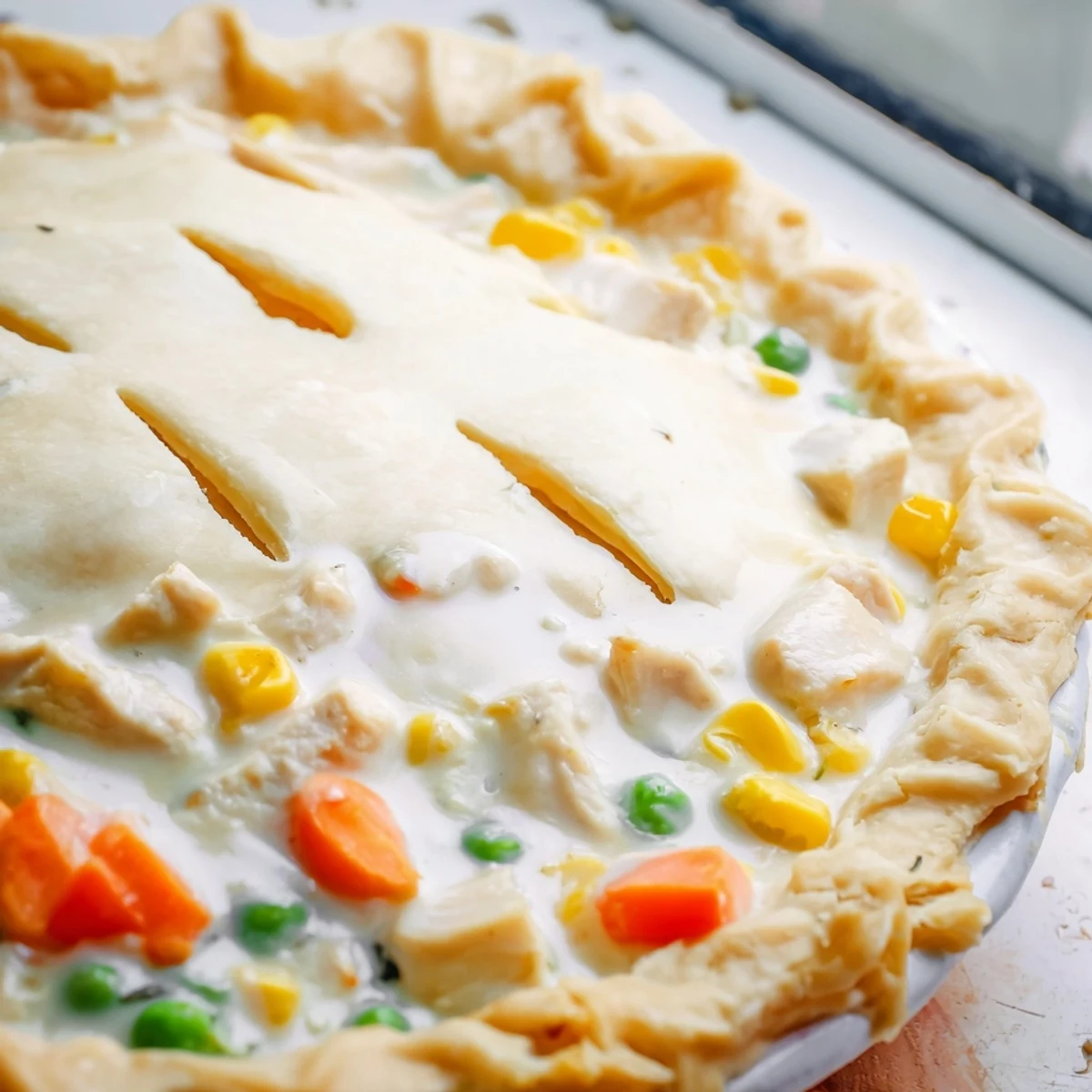 Golden, flaky crust tops a bubbling Chicken Pot Pie filled with creamy chicken, carrots, and peas.