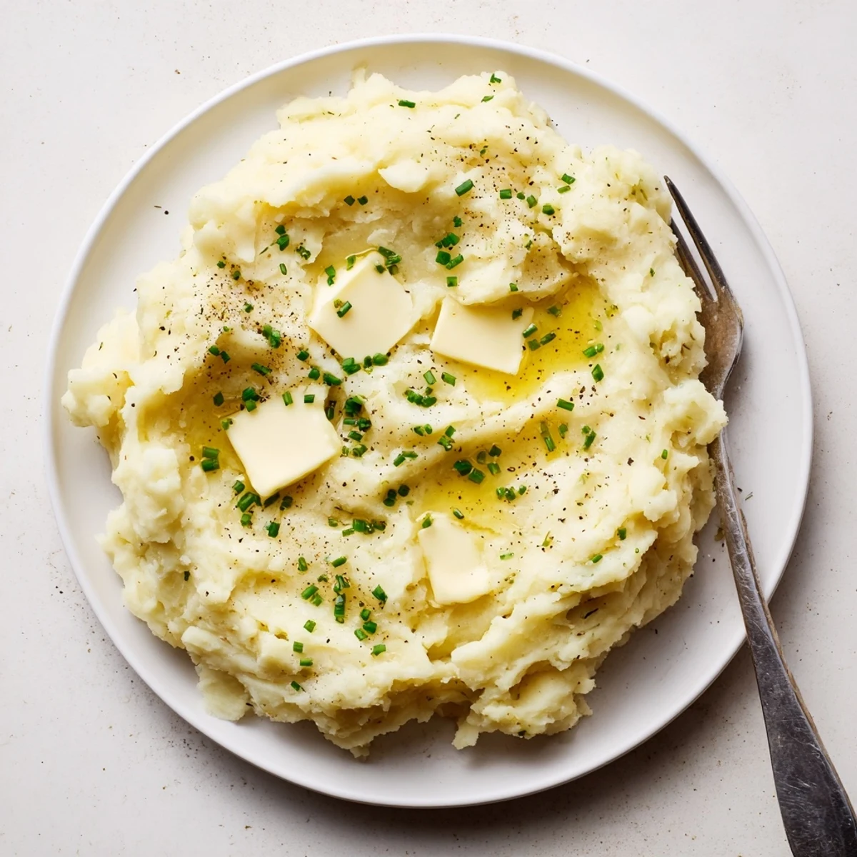 Creamy mashed potatoes, garnished with fresh chives, a perfect meal addition.