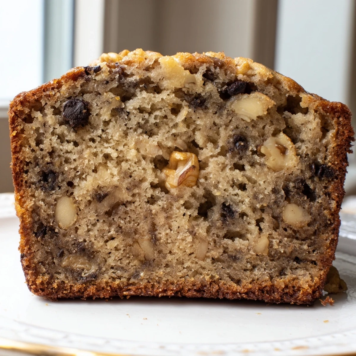 Warm banana bread served toasted with a pat of butter and a steaming mug of coffee on a rustic table.