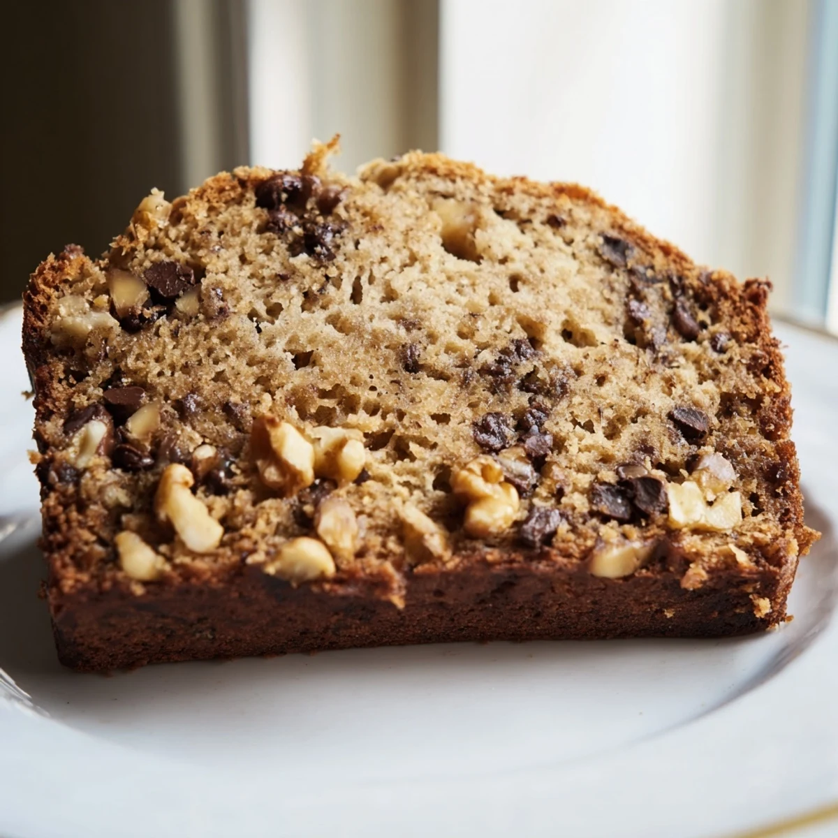 A freshly baked banana bread loaf with golden crust, sliced to reveal moist interior with chocolate chips and walnuts.
