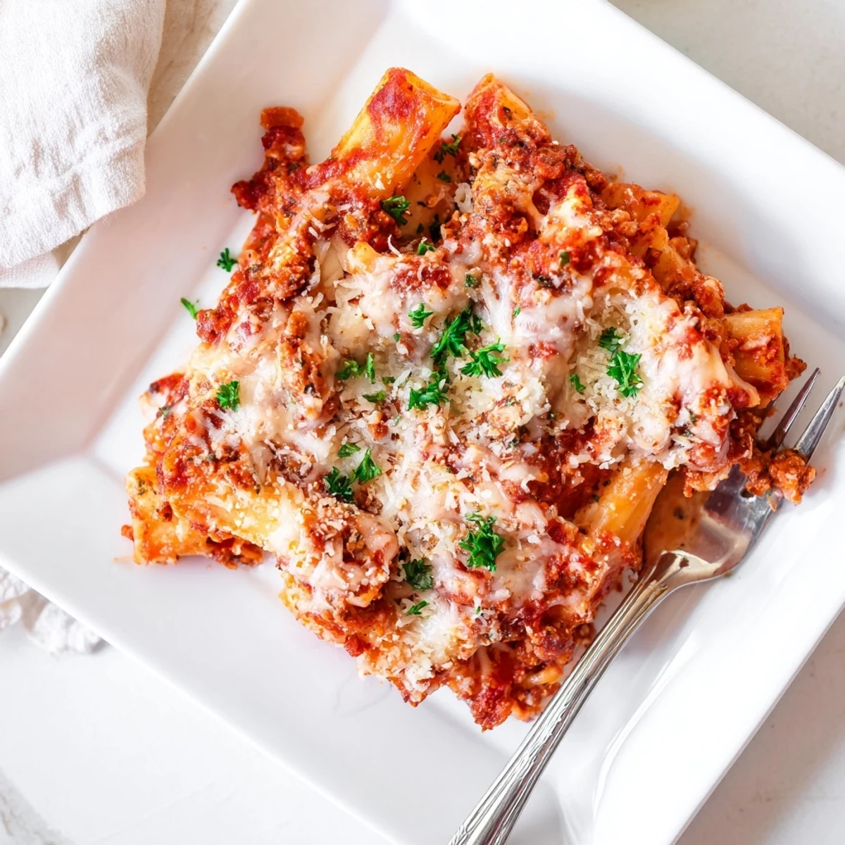 Fork lifting a cheesy, saucy serving of Baked Ziti, with steam rising and fresh parsley garnish for a hearty family dinner.