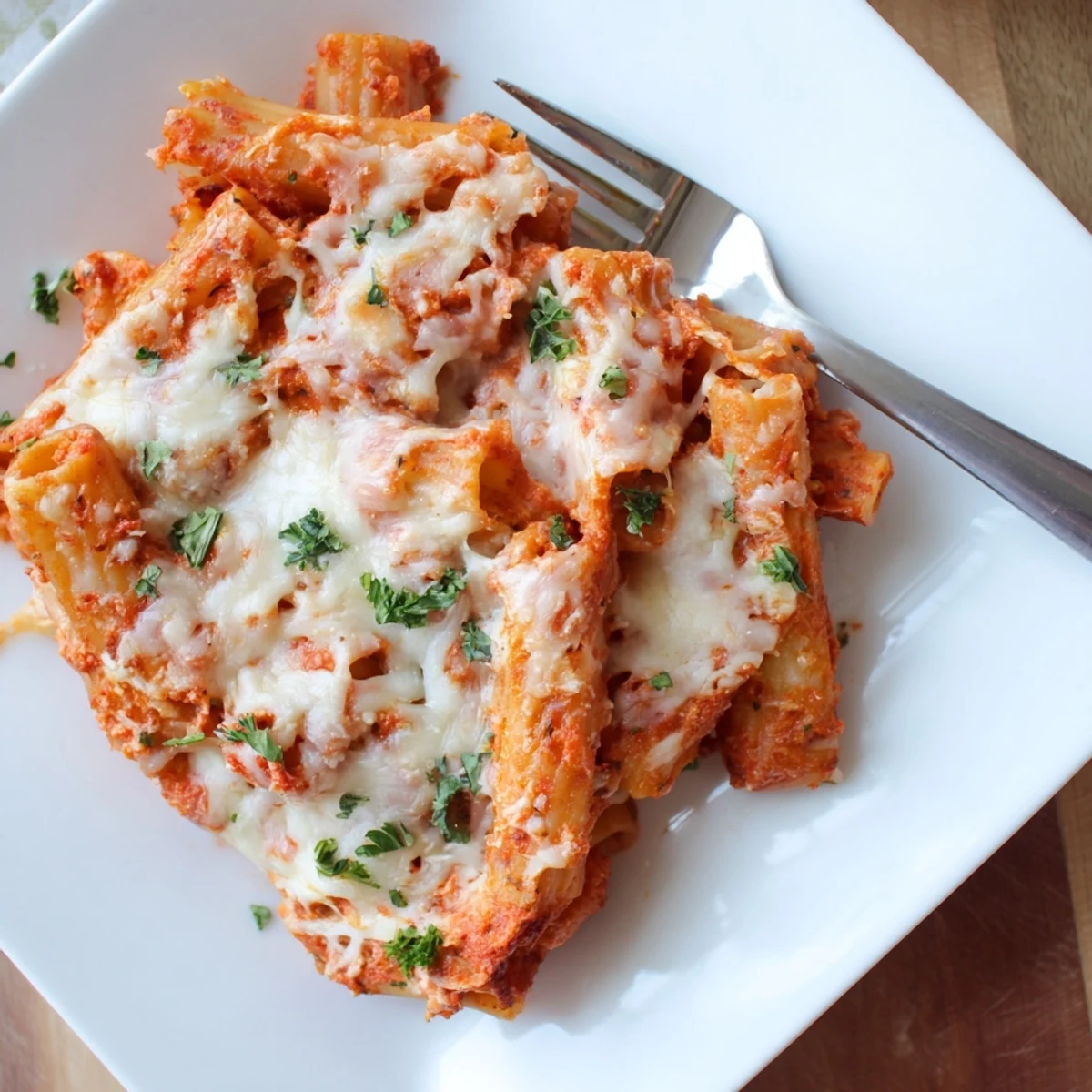 Golden, bubbling Baked Ziti fresh from the oven, featuring layers of pasta, rich red sauce, and melted mozzarella on a rustic table.