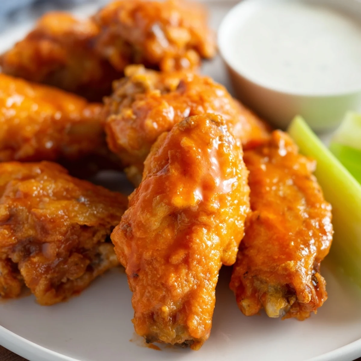 Freshly tossed Buffalo Wings dripping with spicy sauce, served hot alongside crunchy celery and dip.