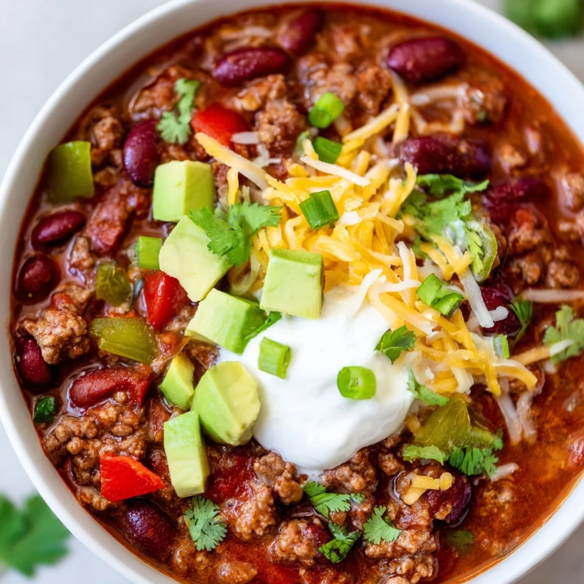 Hearty bowl of Chili con Carne topped with sour cream, shredded cheddar, and cilantro, served next to warm cornbread.