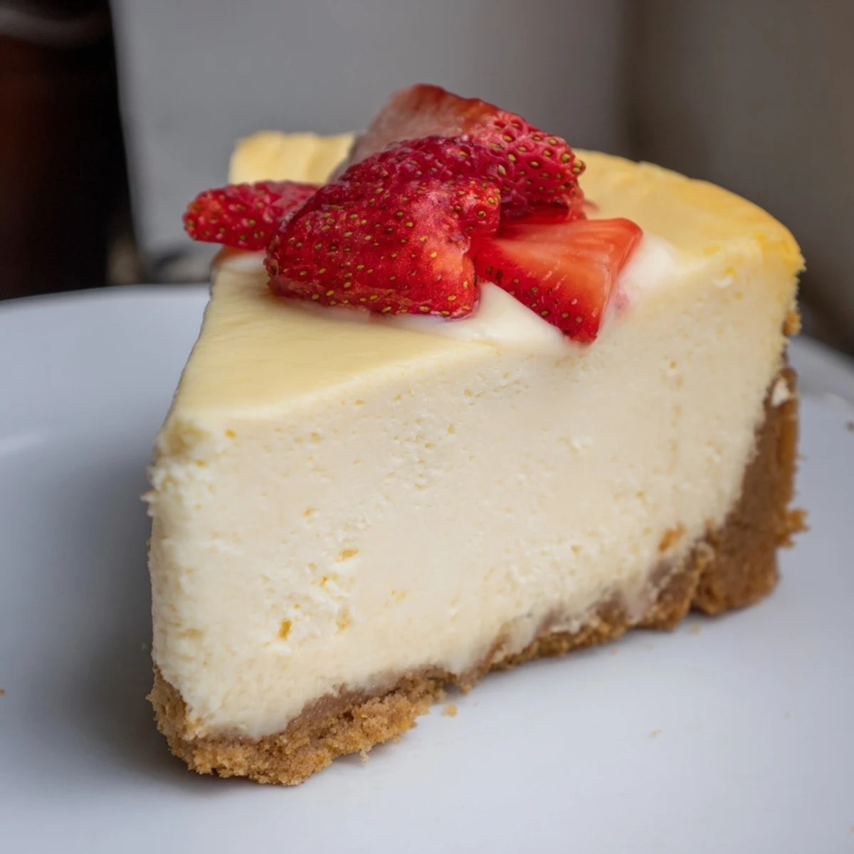 Fresh strawberry compote and a drizzle of dark chocolate garnish this rich, classic New York Cheesecake dessert.