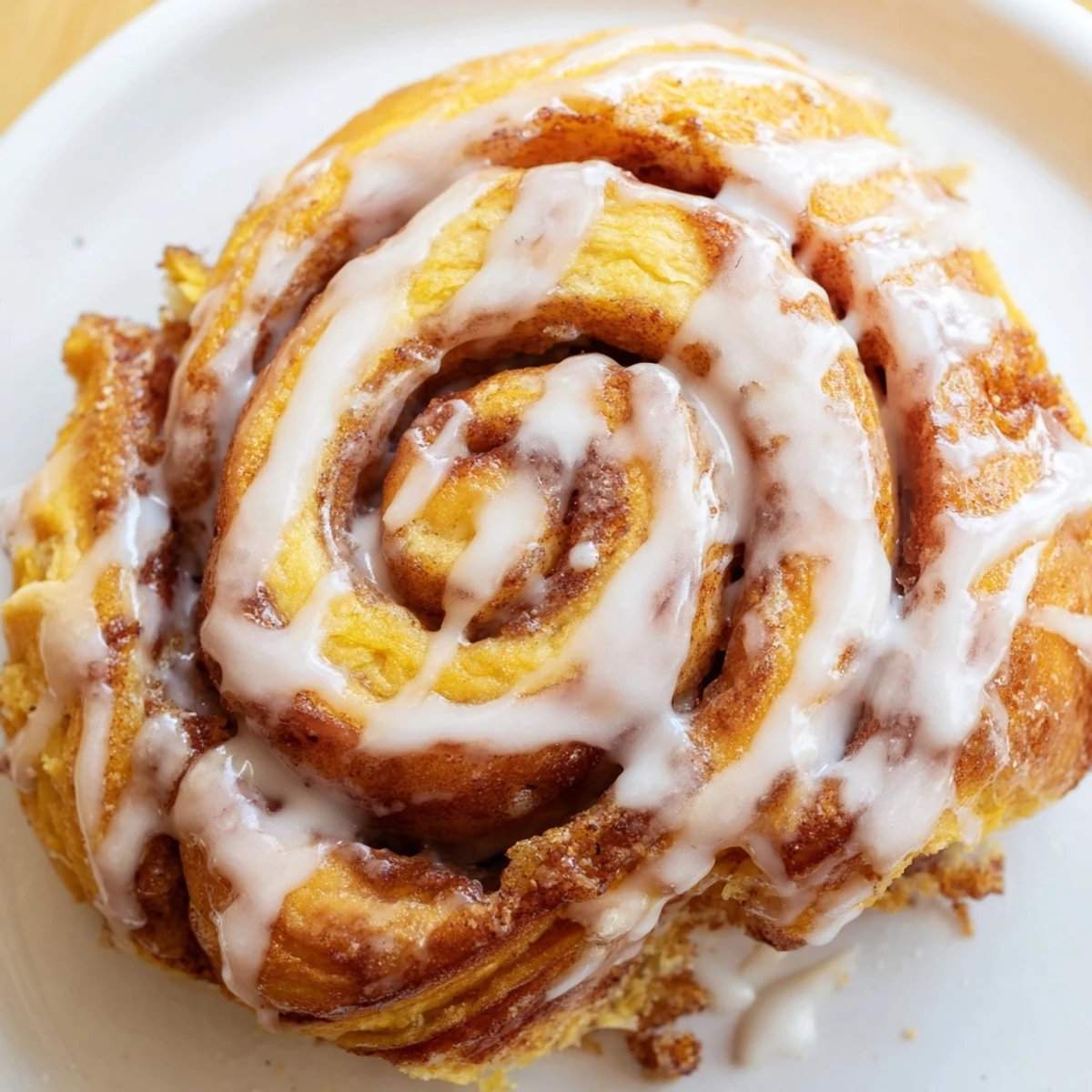 Warm Cinnamon Rolls fresh from the oven, glistening with vanilla glaze on a rustic wooden table.