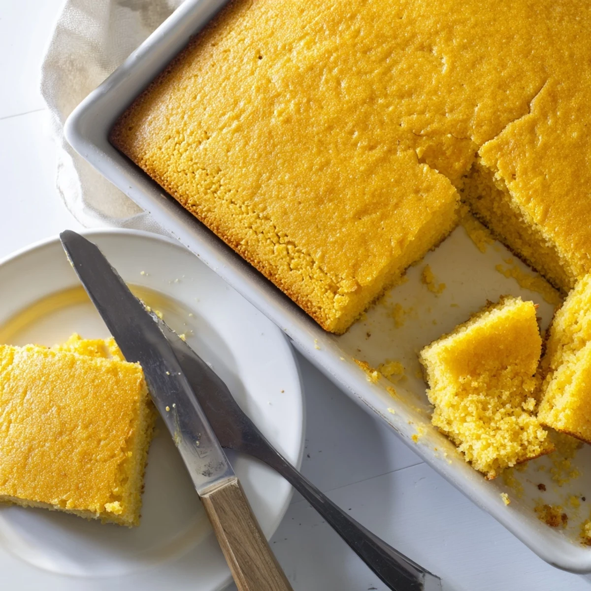 Cast-iron Cornbread with a perfectly crisp edge rests on a plate, drizzled with honey for a sweet and savory bite.