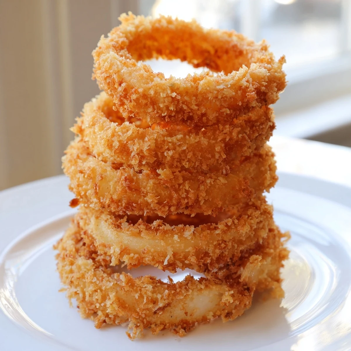 Golden, crispy Onion Rings with a light, airy batter and coarse panko crumb coating, served steaming hot alongside creamy dipping sauces.