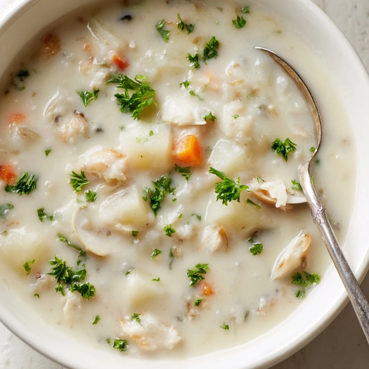 Creamy New England clam chowder ladled into a rustic bowl, garnished with fresh parsley and served with oyster crackers.