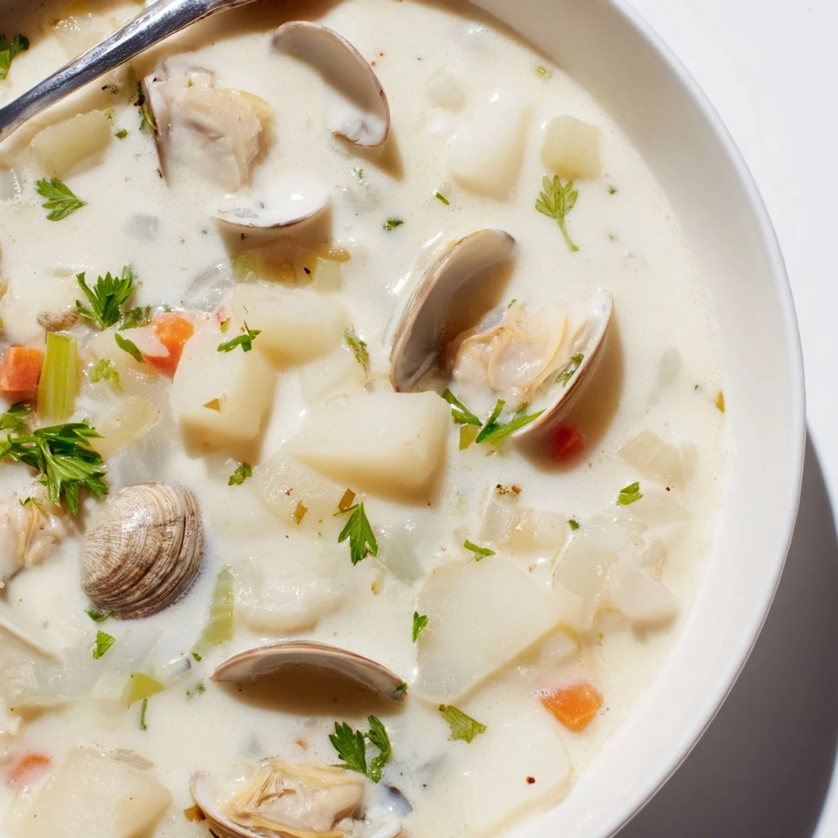 Warm New England clam chowder in a white ceramic bowl, steaming on a table with crusty bread and a spoon.