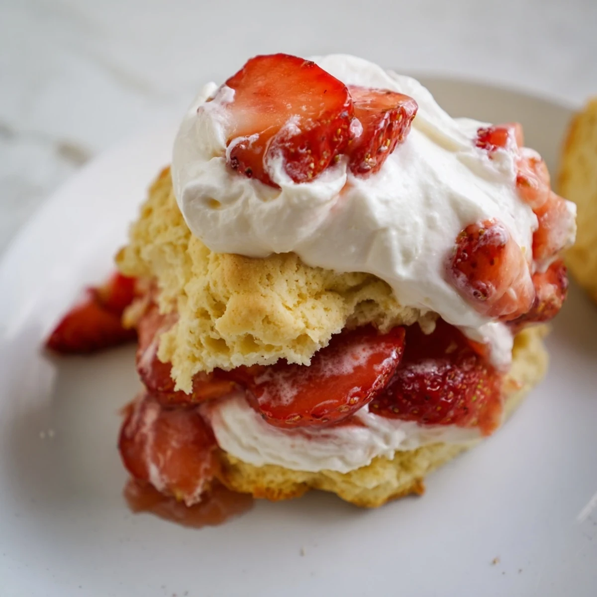 Freshly baked Strawberry Shortcake biscuits sit sliced open, overflowing with juicy sliced strawberries and a generous dollop of fluffy whipped cream.