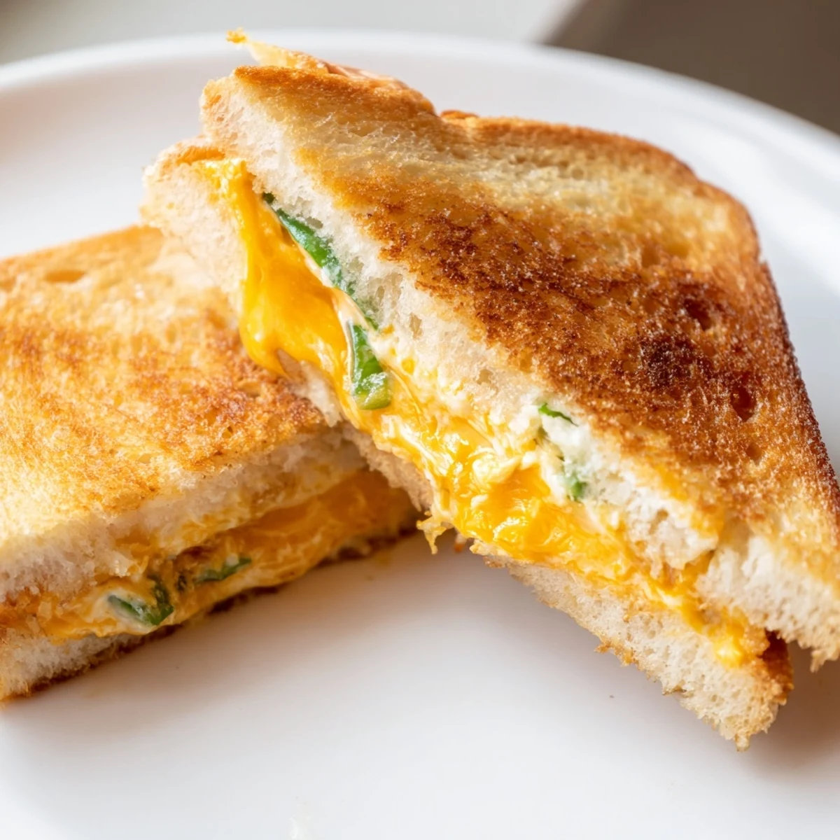 Golden-brown grilled cheese sandwiches filled with melted cheddar, cream cheese, and finely chopped jalapeños, served on a wooden board.  