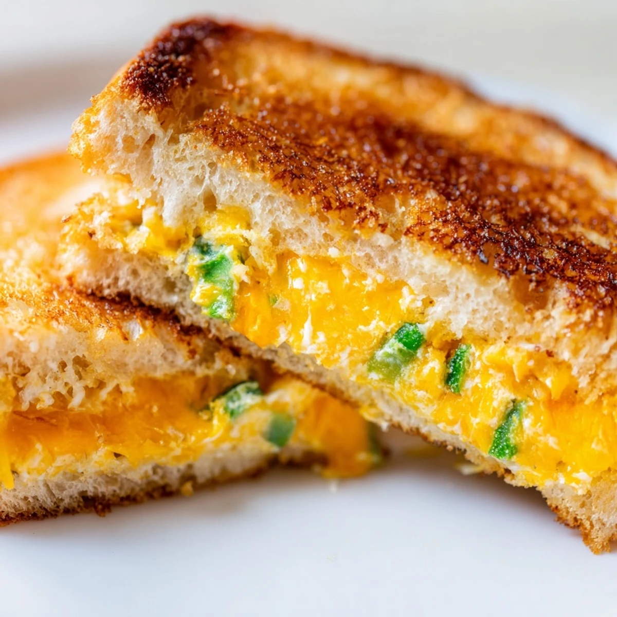 Close-up of a golden, buttery grilled cheese sandwich featuring jalapeño popper flavors, paired with a bowl of tomato soup.