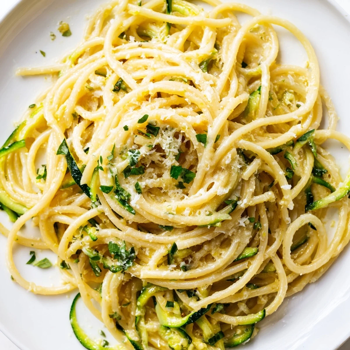 Close-up of lemon zucchini pasta featuring vibrant green zoodles, glossy butter sauce, and a light dusting of cheese.  