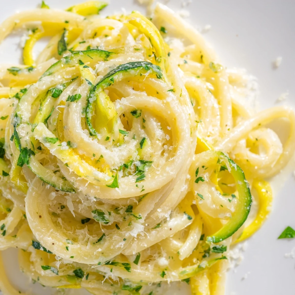 Steamy skillet of lemon zucchini pasta with garlic, lemon zest, and parsley, ready to serve as a fresh vegetarian main dish.