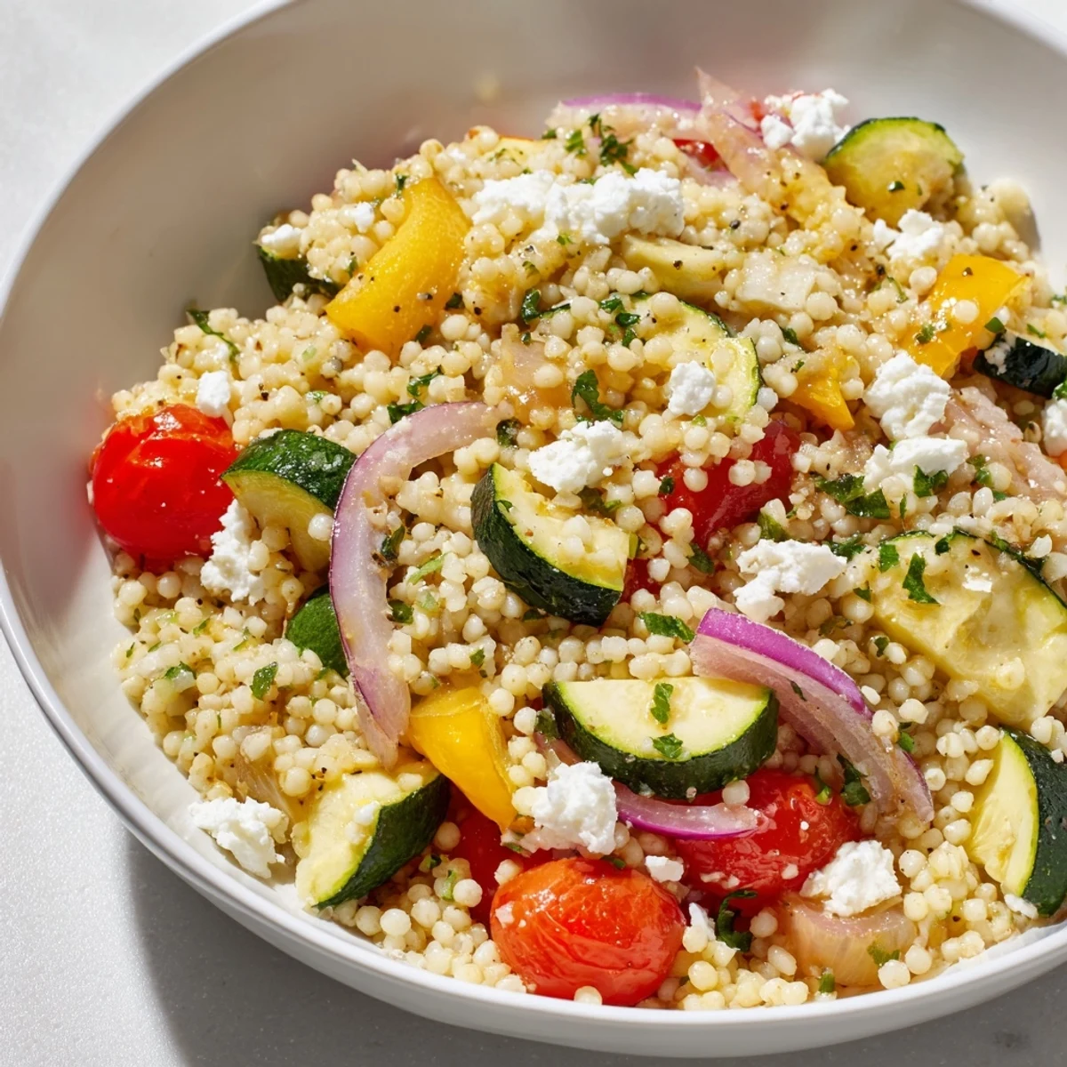 Golden roasted zucchini, bell peppers, and cherry tomatoes tossed with fluffy couscous and fresh herbs in a bright lemon dressing.  