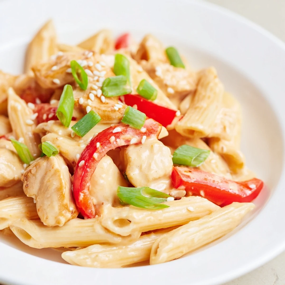 Penne pasta coated in creamy sweet chili sauce, topped with golden sautéed chicken and fresh cilantro.  