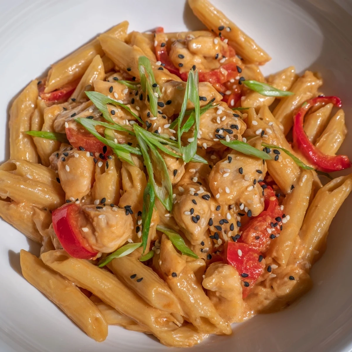 Steaming Sweet Chili Chicken Pasta served in a white bowl, garnished with sliced spring onions.