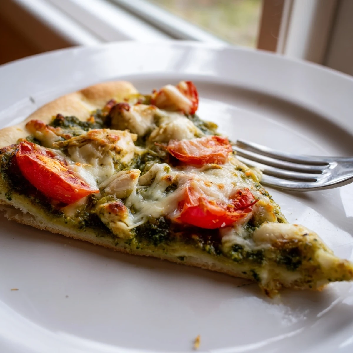 A close look at Chicken Pesto Pizza, showing a thin crust topped with fresh basil garnish.