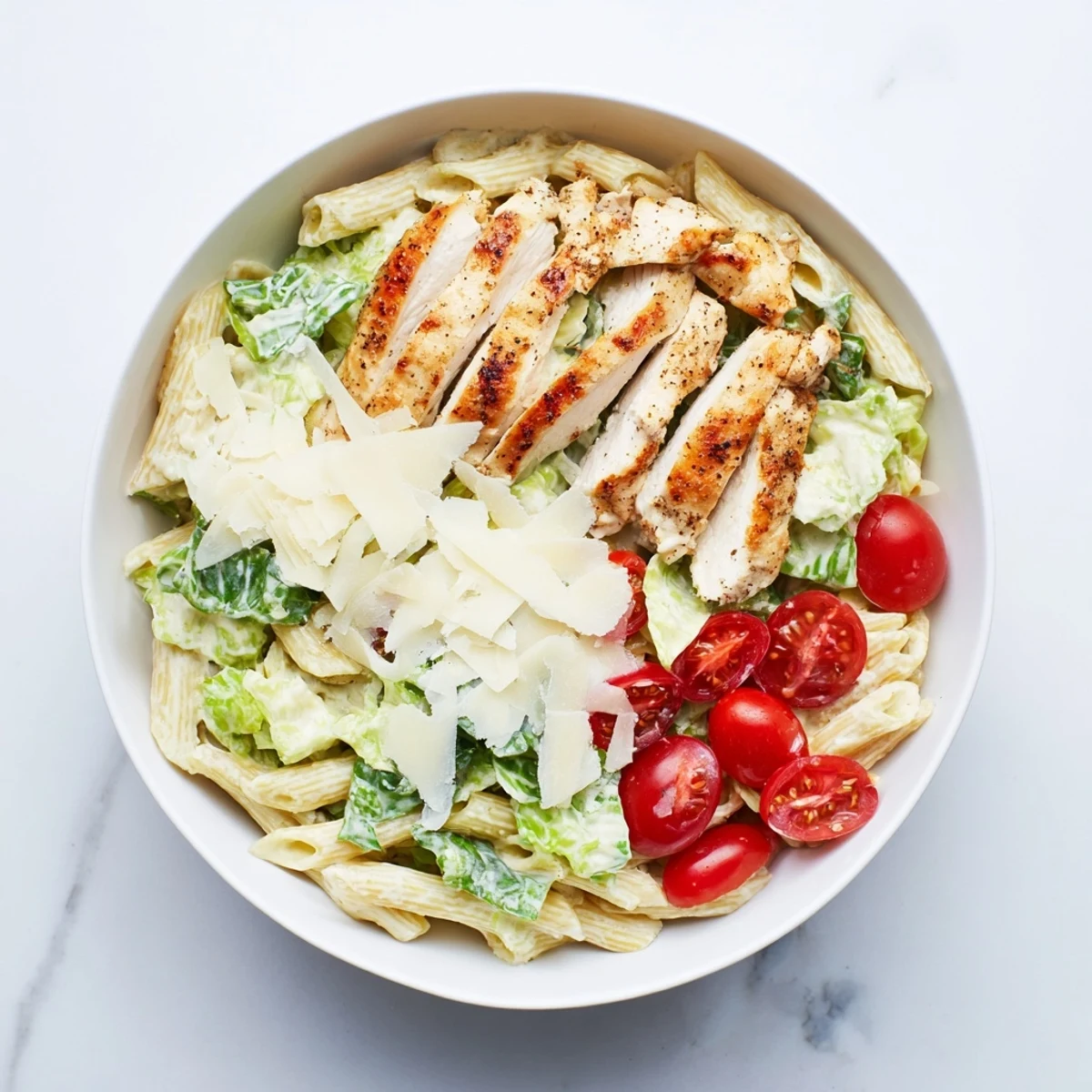 Spicy Chicken Caesar Pasta combines al dente penne, crisp romaine, and zesty dressing with smoky chicken.