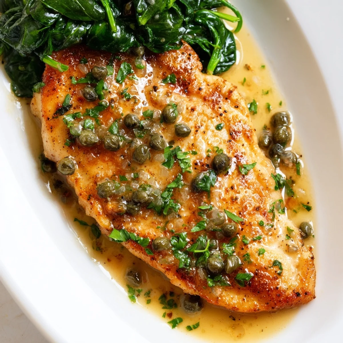 Golden-brown Spinach Lemon Butter Chicken cutlets on a bed of wilted greens, drizzled with a bright, silky lemon butter sauce.