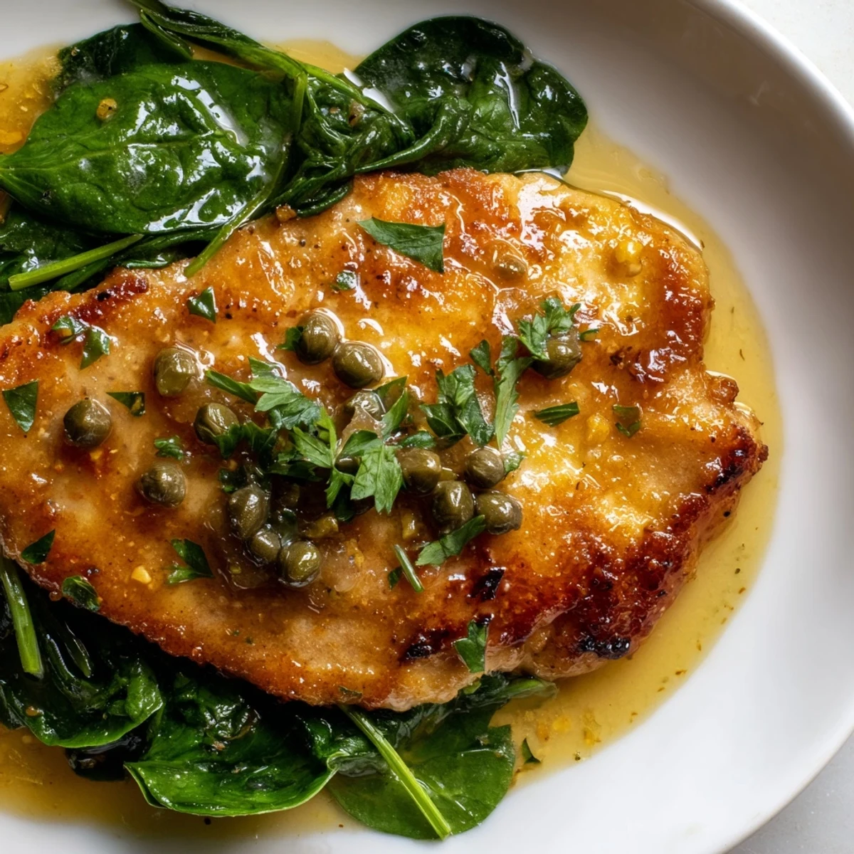 Spinach Lemon Butter Chicken plated over tender spinach, with fresh parsley and lemon slices for a zesty, elegant main dish.