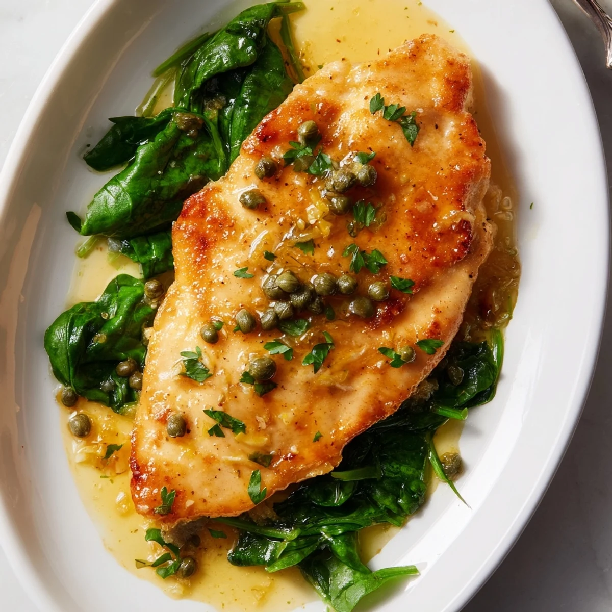 Tender pan-seared chicken in a rich lemon butter sauce, served with wilted spinach for a perfect weeknight dinner.