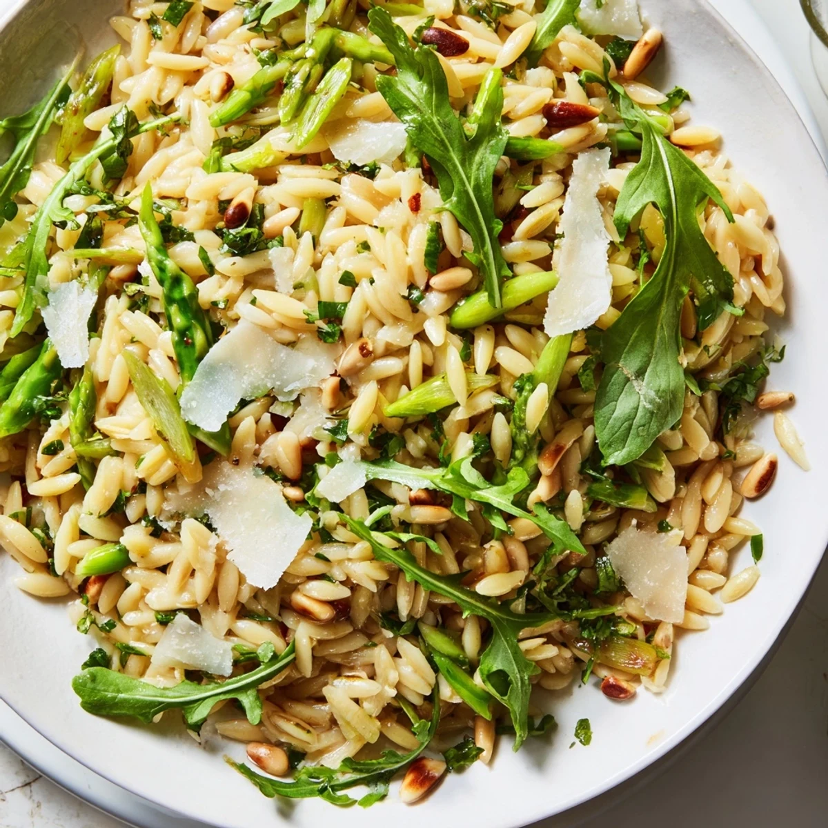 Serve this vibrant Asparagus Lemon Orzo Salad on a white platter, garnished with grated Parmesan and lemon wedges for a zesty finish.