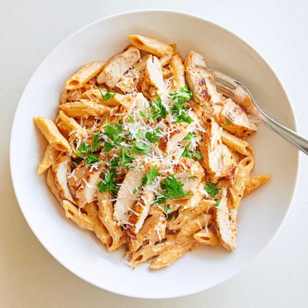 Sliced seared chicken rests atop penne noodles, blanketed in a glossy, sweet-smoky honey chipotle sauce, with steam rising from the dish.