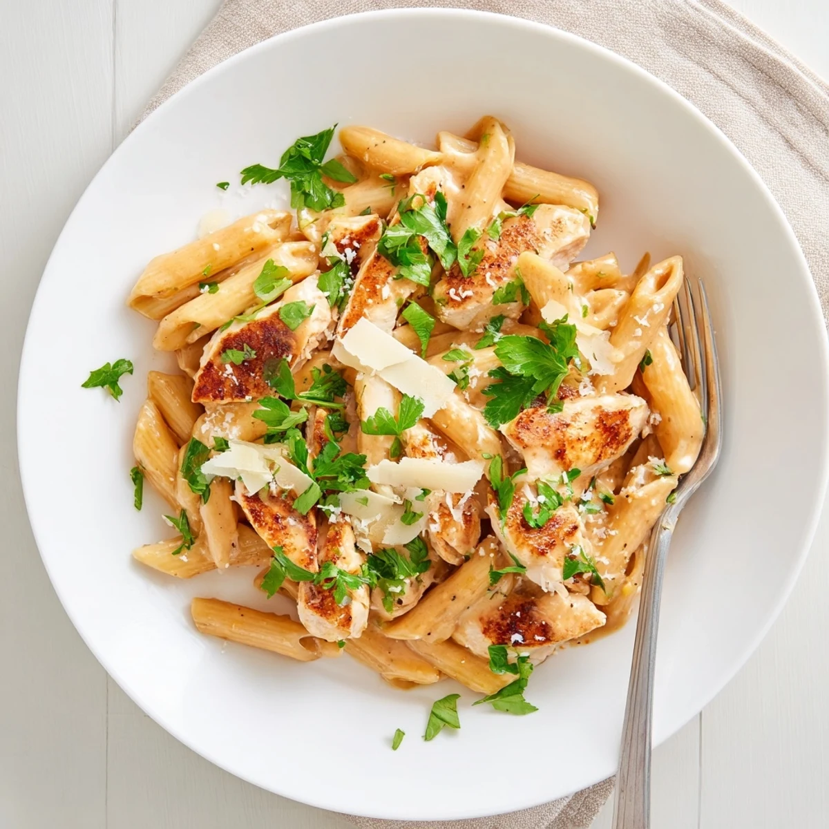 Creamy penne pasta tossed with tender honey chipotle chicken, fresh cilantro, and grated Parmesan, served warm in a white bowl.
