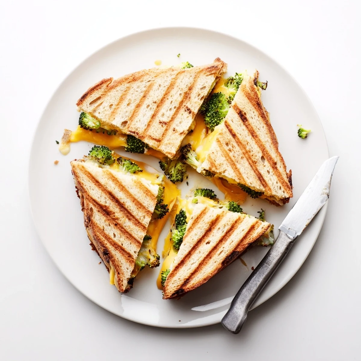 A close-up of Roasted Broccoli & Cheddar Grilled Cheese, showcasing golden, crispy sourdough and melted sharp cheddar oozing over tender, caramelized broccoli florets.