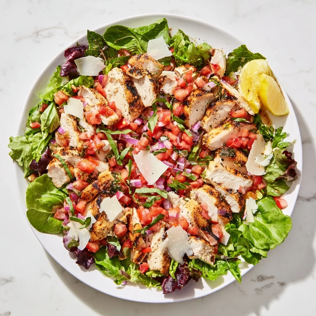A refreshing Bruschetta Chicken Salad featuring tender grilled chicken, zesty tomatoes, and fresh greens, served with lemon wedges for brightness.