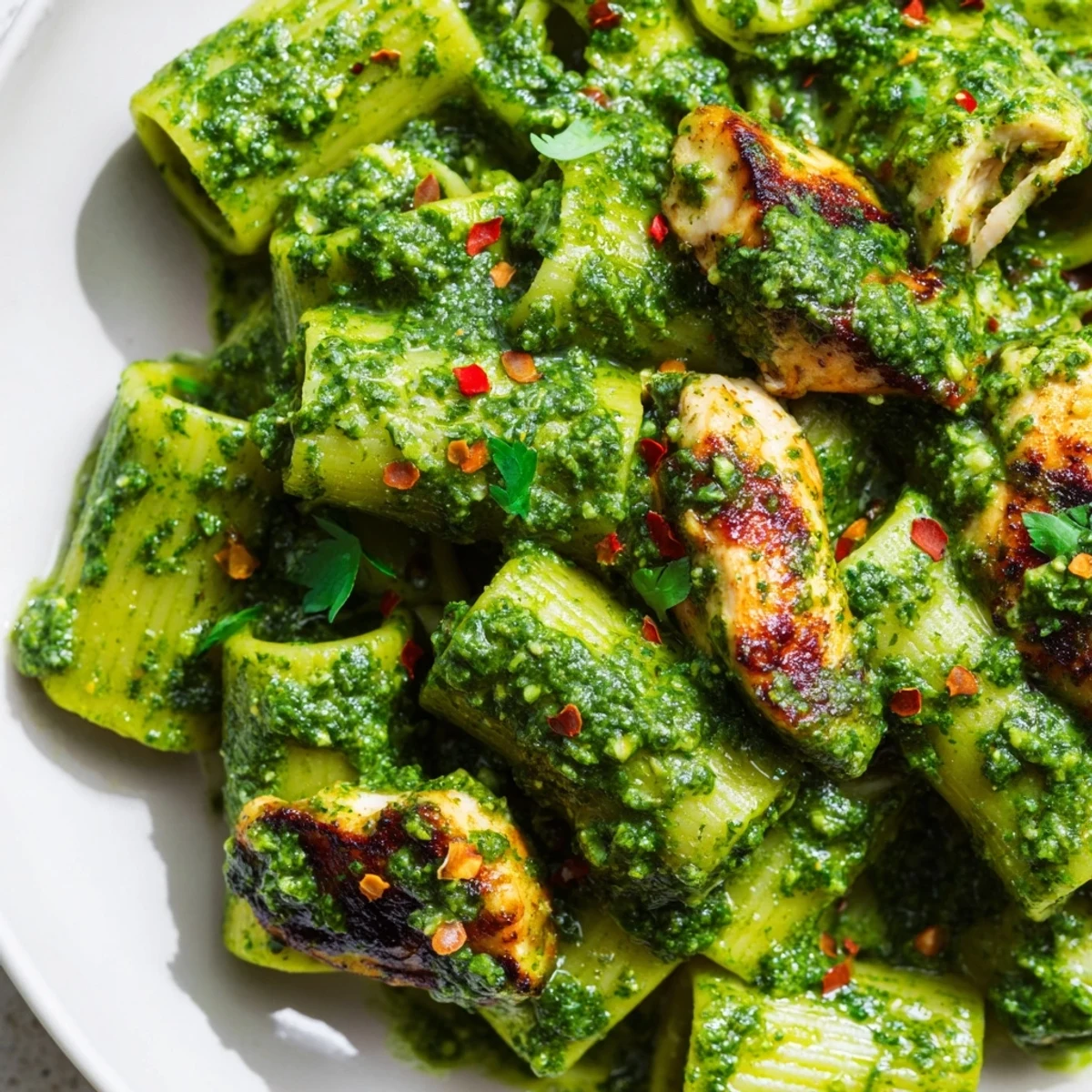 Golden grilled chicken strips glisten atop a bed of al dente penne pasta, generously coated in a bright green, herb-packed chimichurri sauce for a fusion twist.  