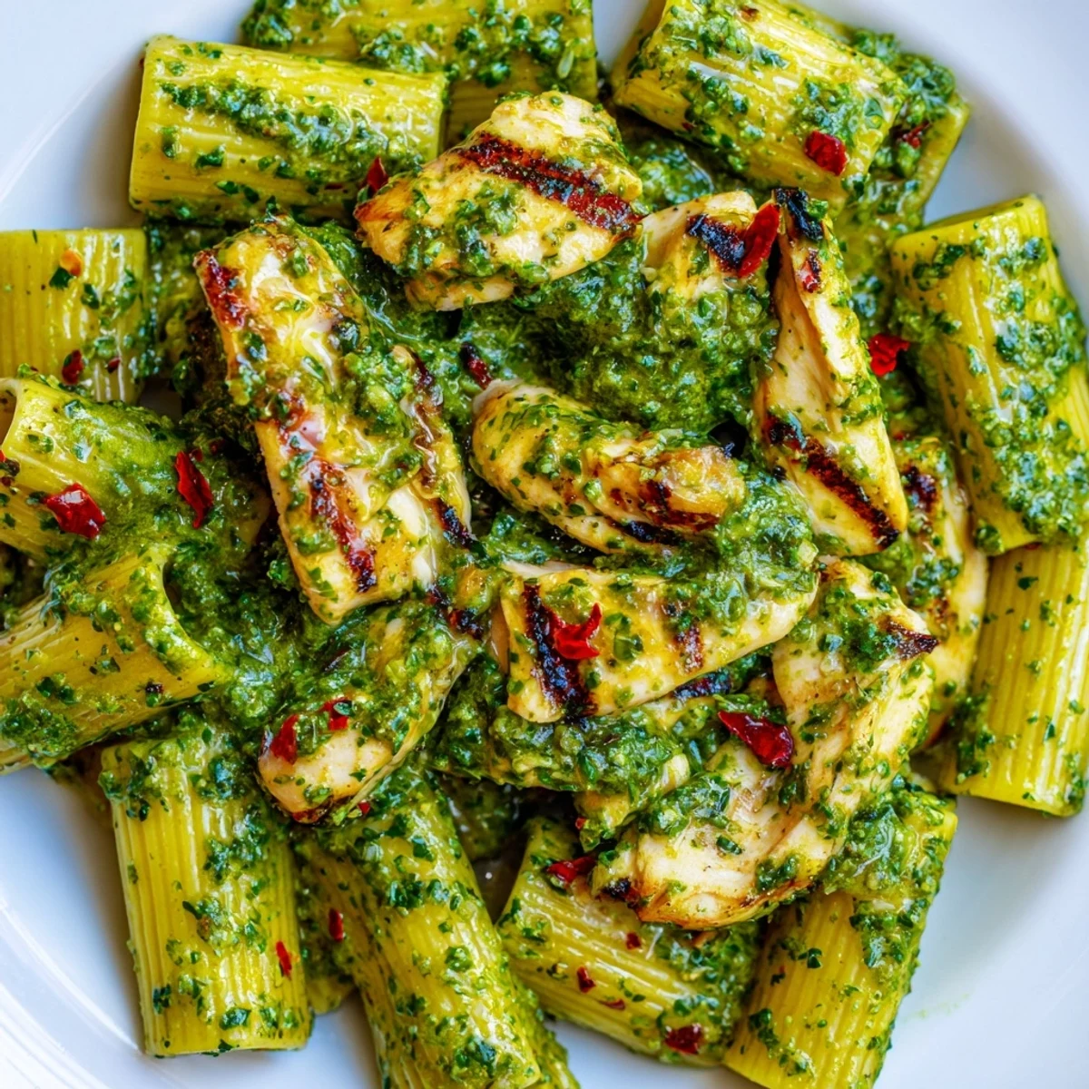 This vibrant bowl of Chimichurri Chicken Pasta features tender meat, fresh parsley, and a zesty red wine vinegar dressing, perfect for a dairy-free weeknight meal.  